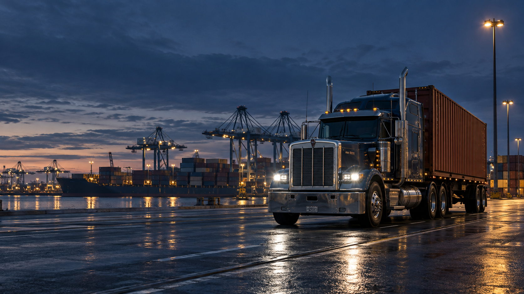 Illustration of a truck and containers at a port at dusk; not a photograph of a specific shipment