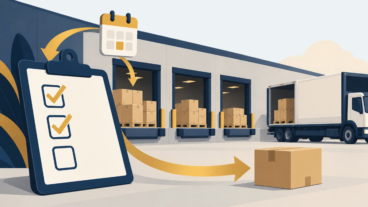 Conceptual illustration of warehouse loading doors, palletized cartons, a delivery truck and a receiving checklist.